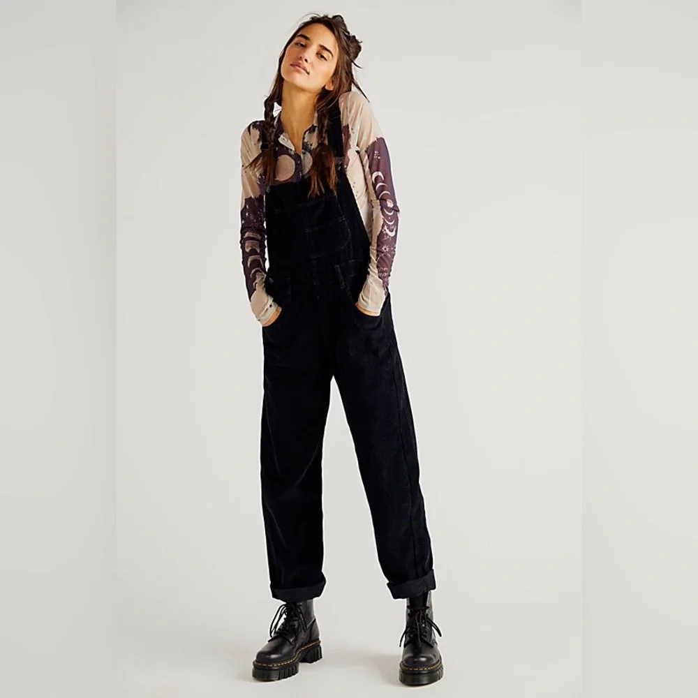 Free People We The Free Ziggy Black Corduroy Bib Overalls